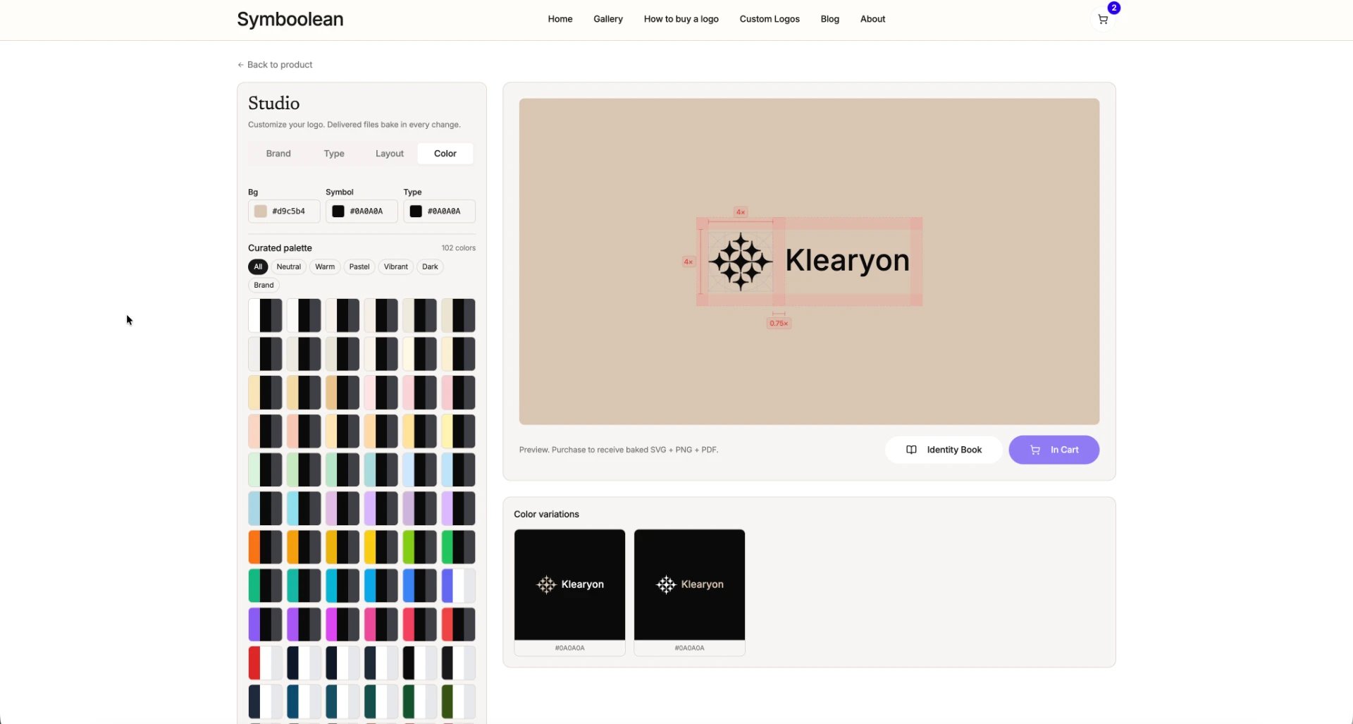 Symboolean Studio colour customisation view with curated palette