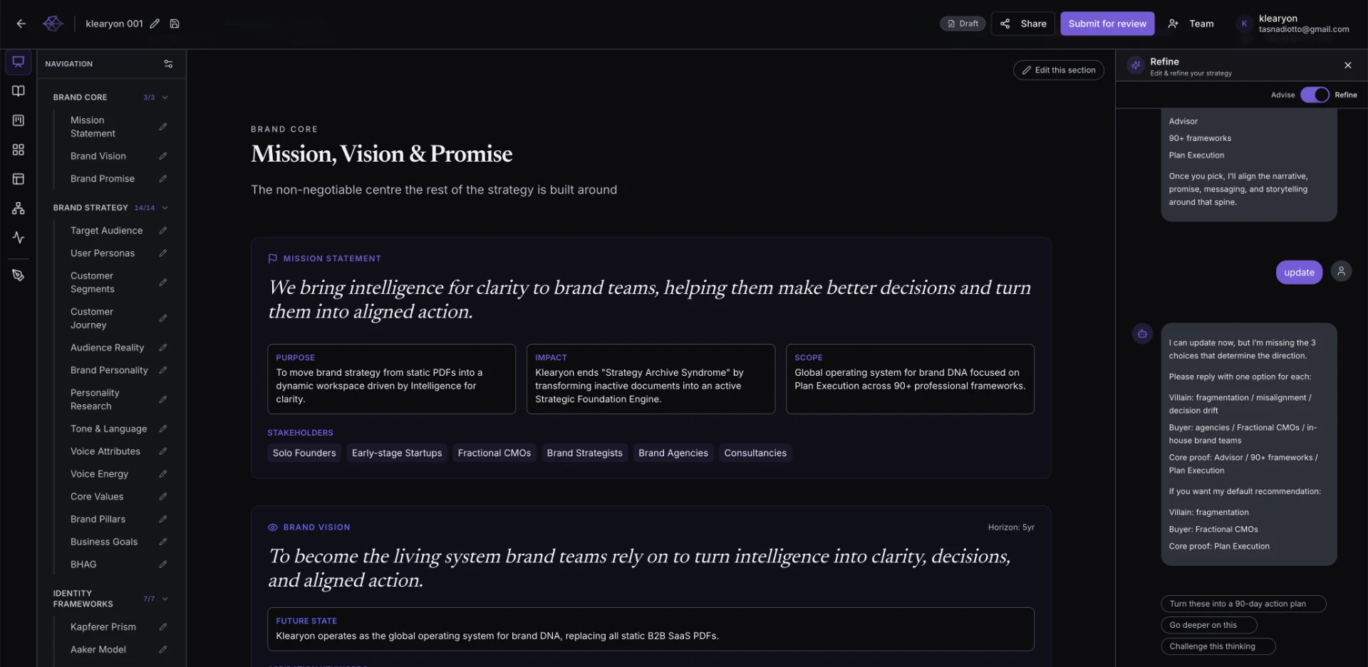 Klearyon strategy document with mission, vision and promise