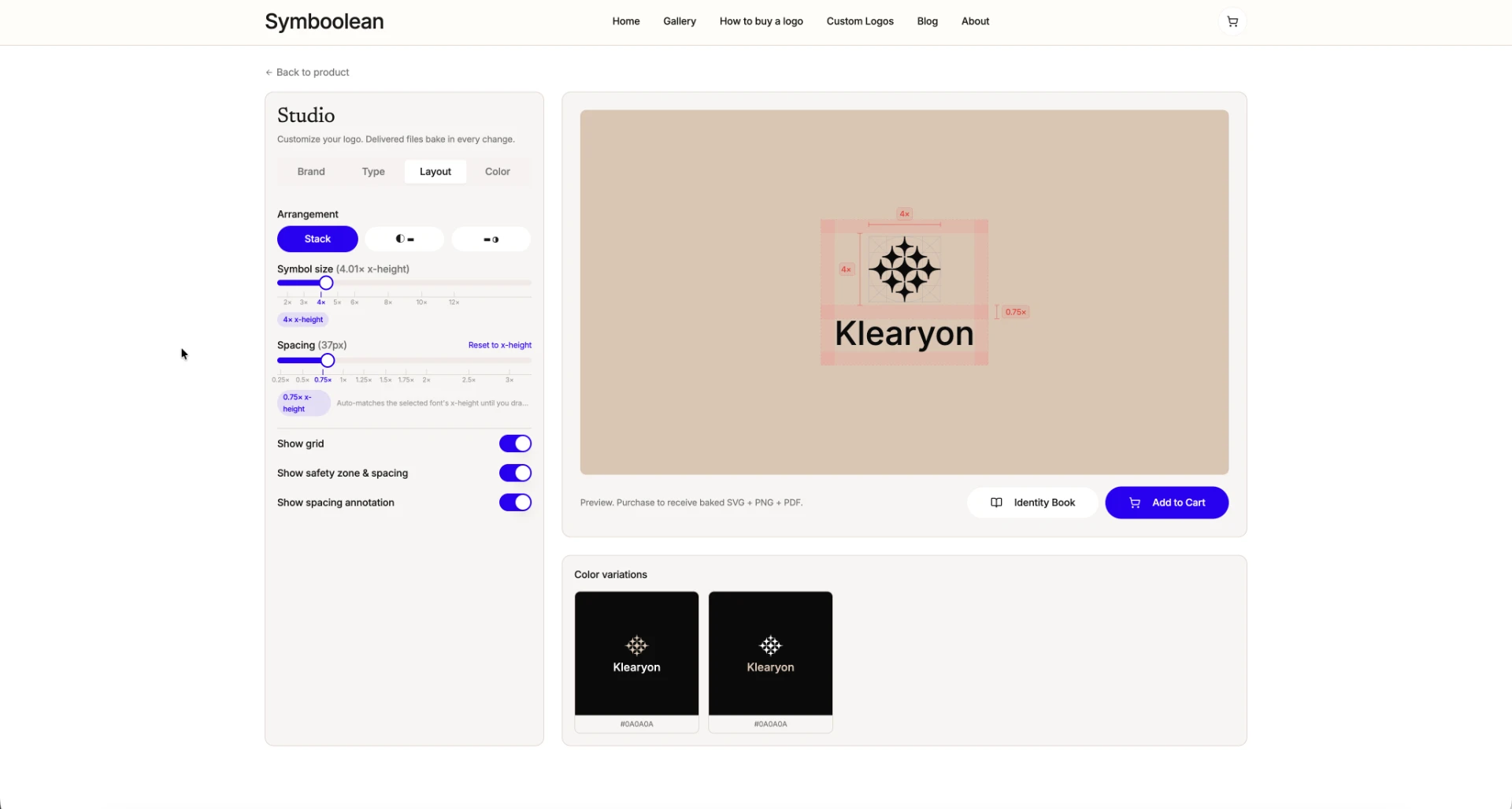 Symboolean Studio layout controls with spacing and safety zone annotations