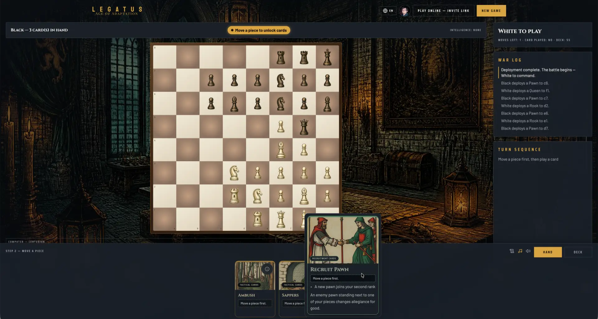 Legatus board with war log, turn sequence and card hand