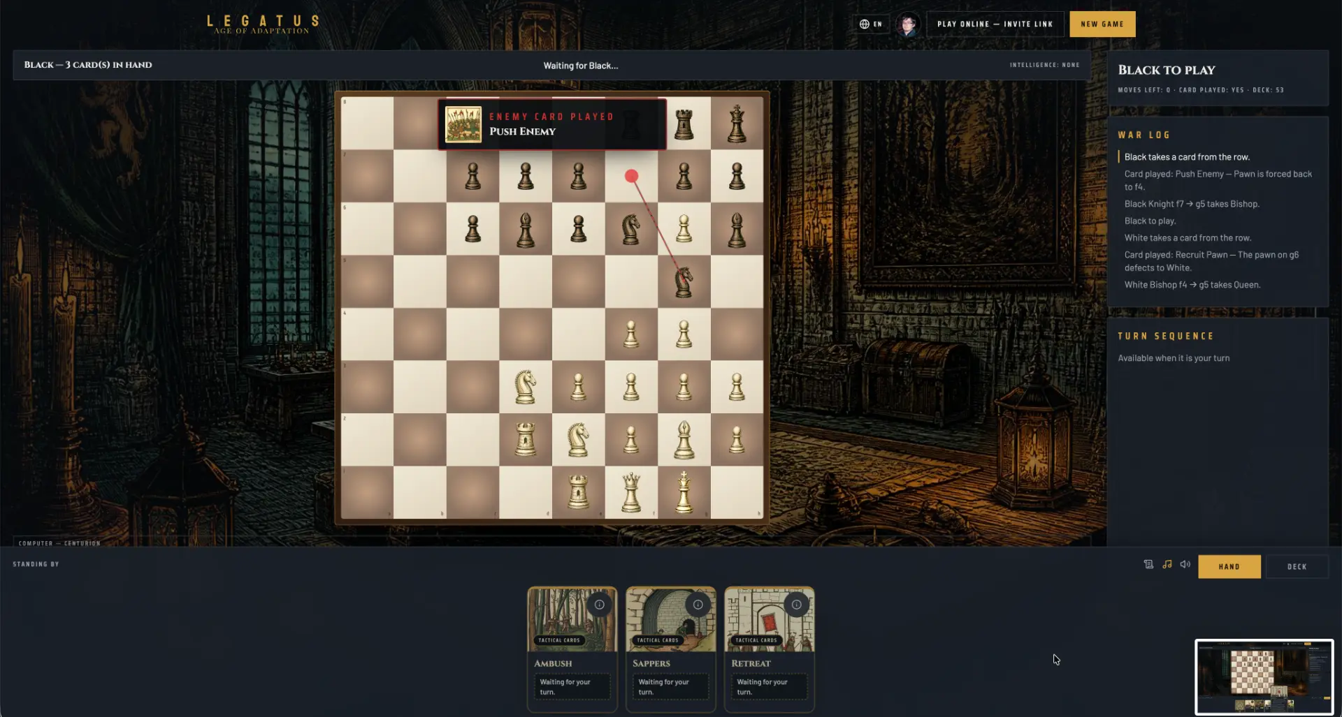 Legatus enemy card played notification over the board