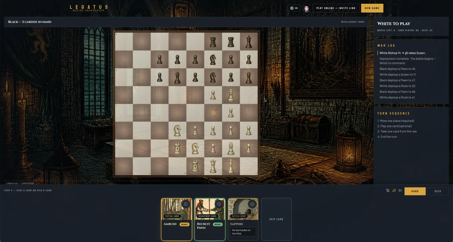 Legatus card hand showing tactical and recruitment cards ready to play
