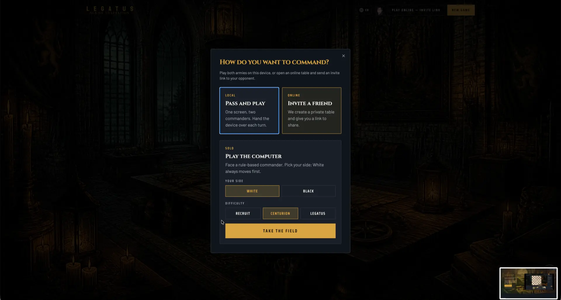 Legatus new game modal with pass and play, invite a friend and solo modes