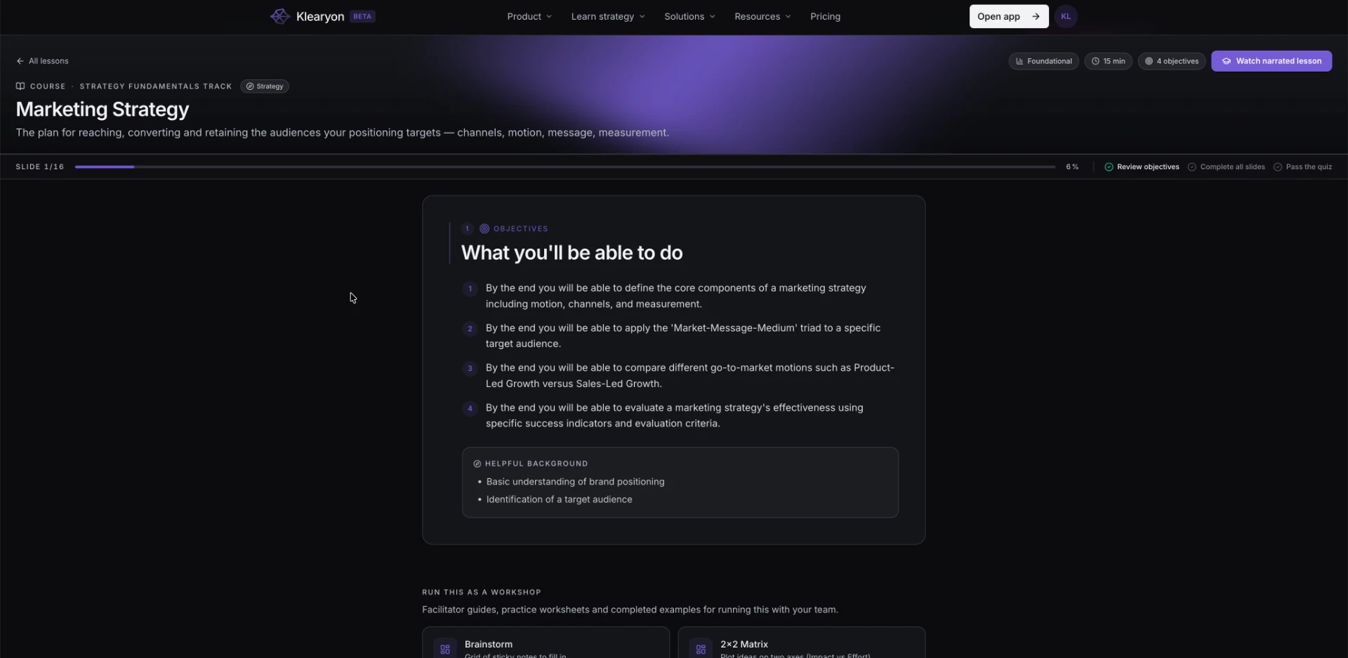 Klearyon lesson objectives screen