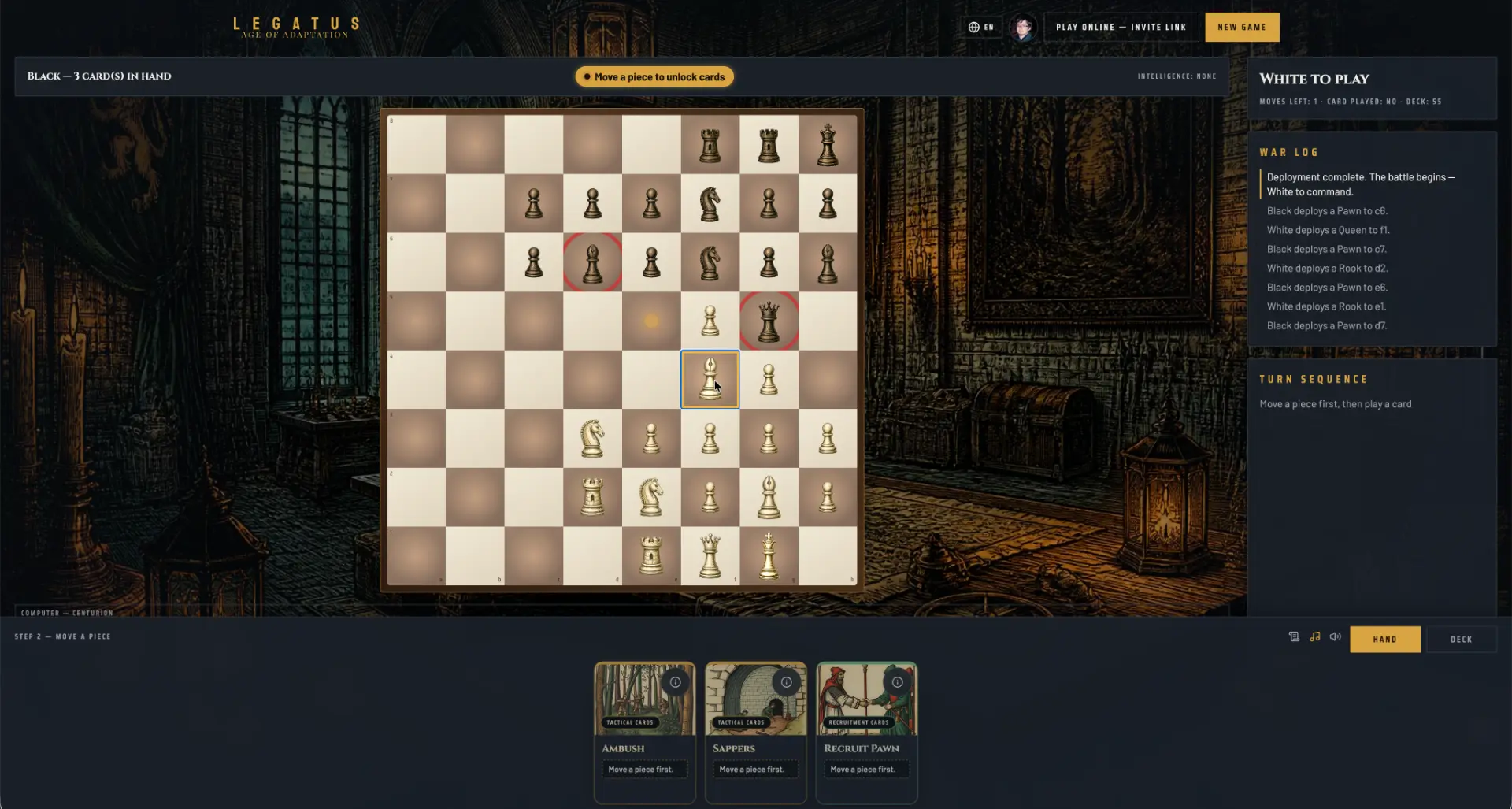 Legatus board with a selected bishop and threatened pieces highlighted