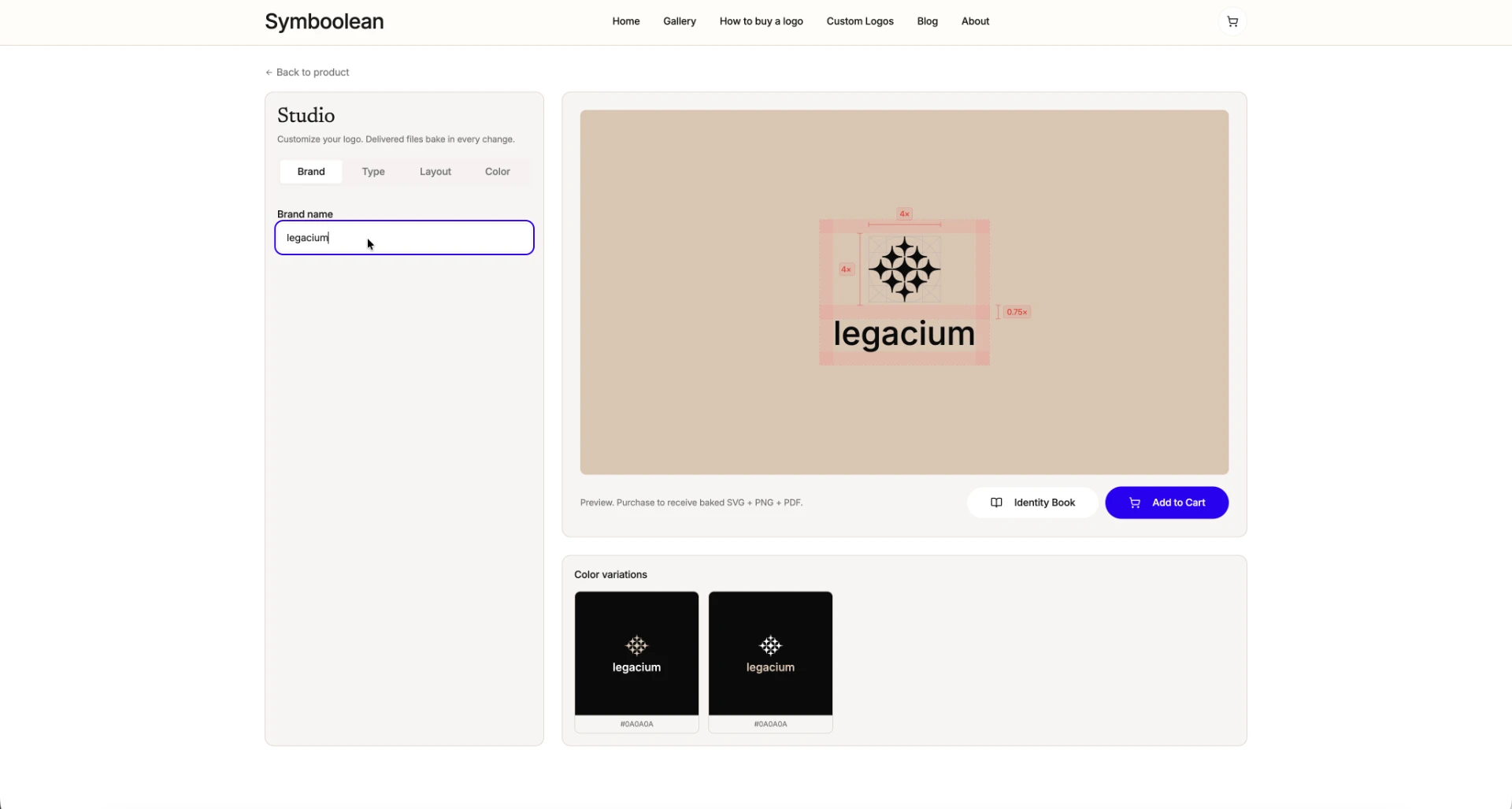 Symboolean Studio brand name input rendering a custom wordmark