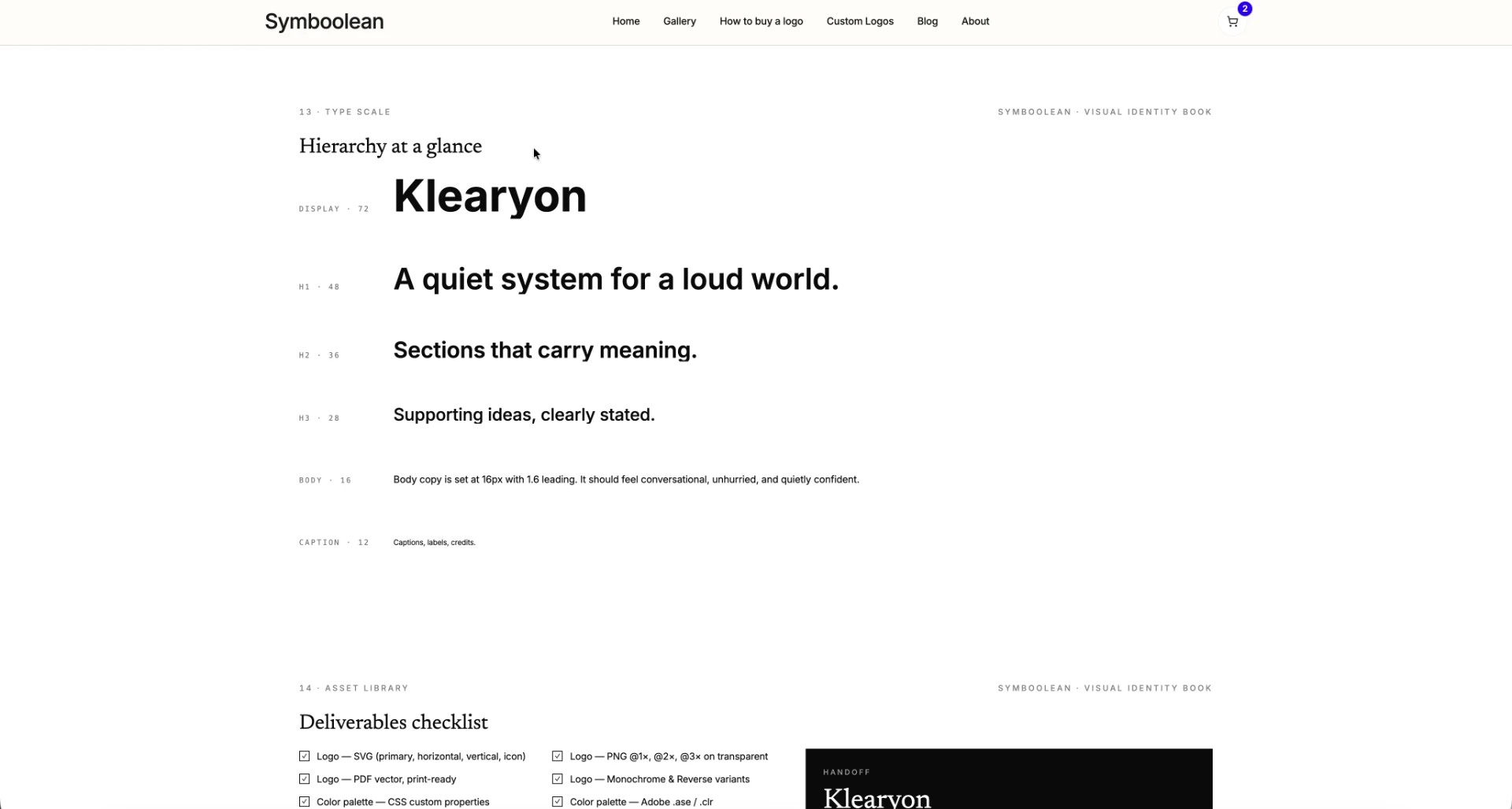 Type scale and deliverables checklist pages of the identity book